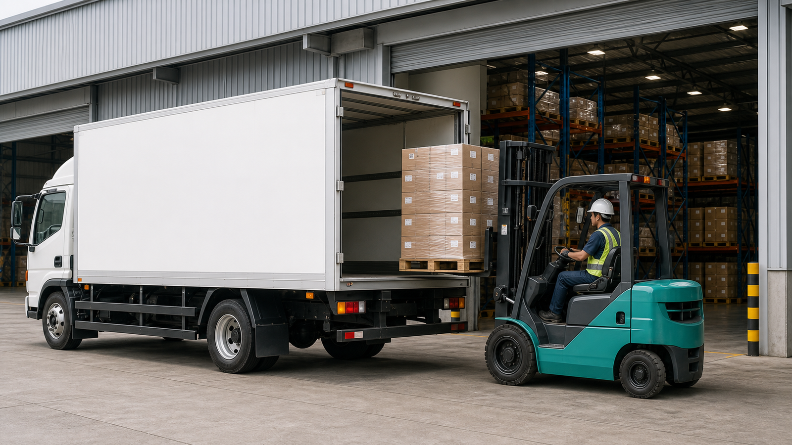 Forklift loading palletised goods into a white lorry